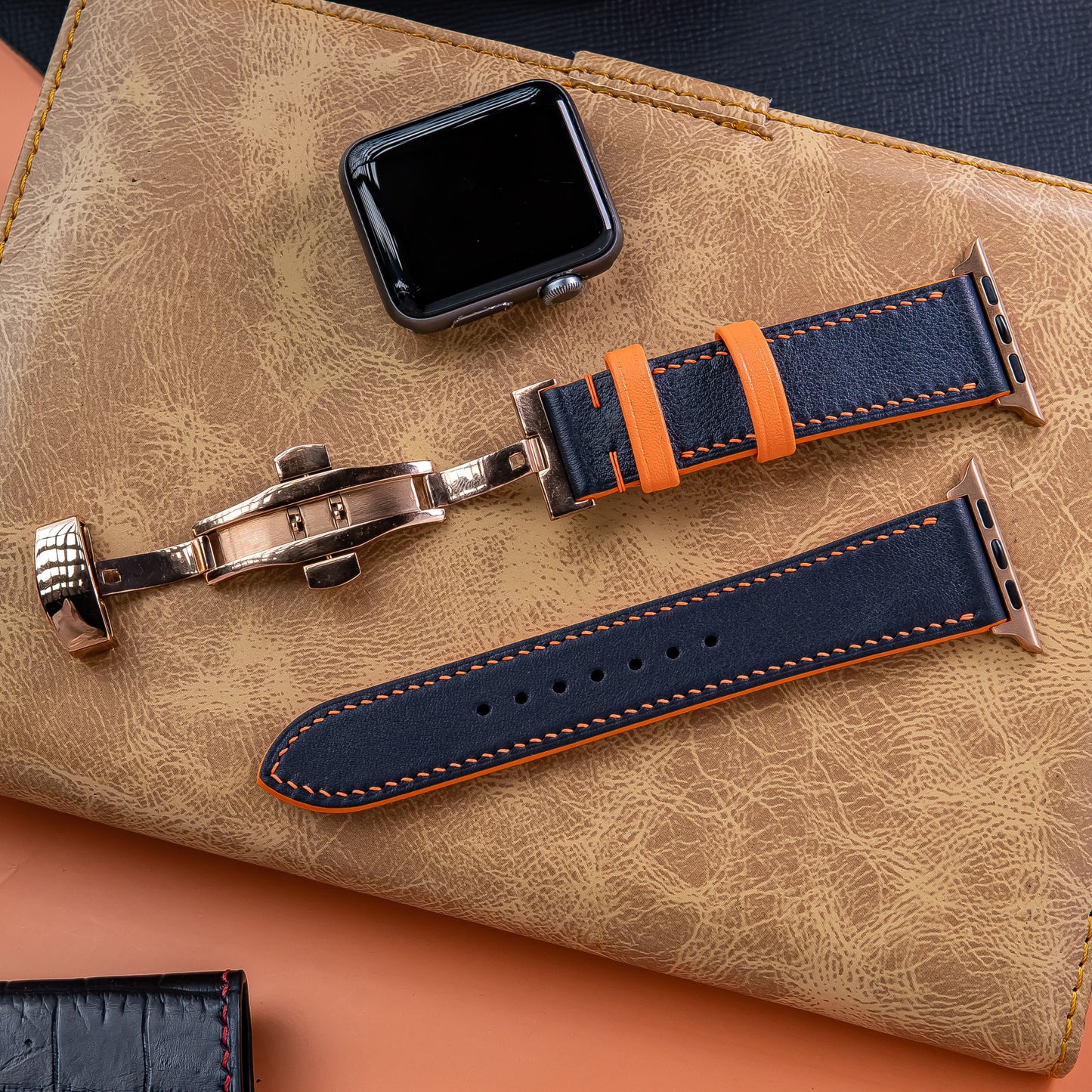 Handmade Leather Apple  Watch Band. Swift Calfskin Strap Deployant clasp