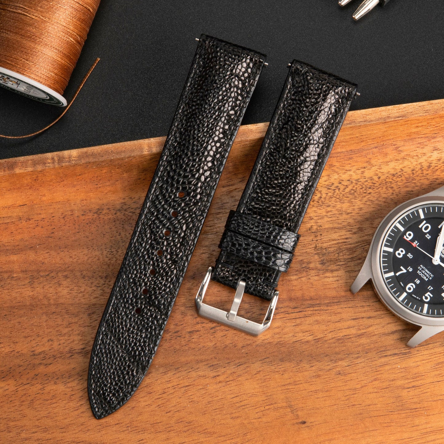 Black And Brown Ostrich Leather Watch Strap: Quick Release For Apple Watch Band