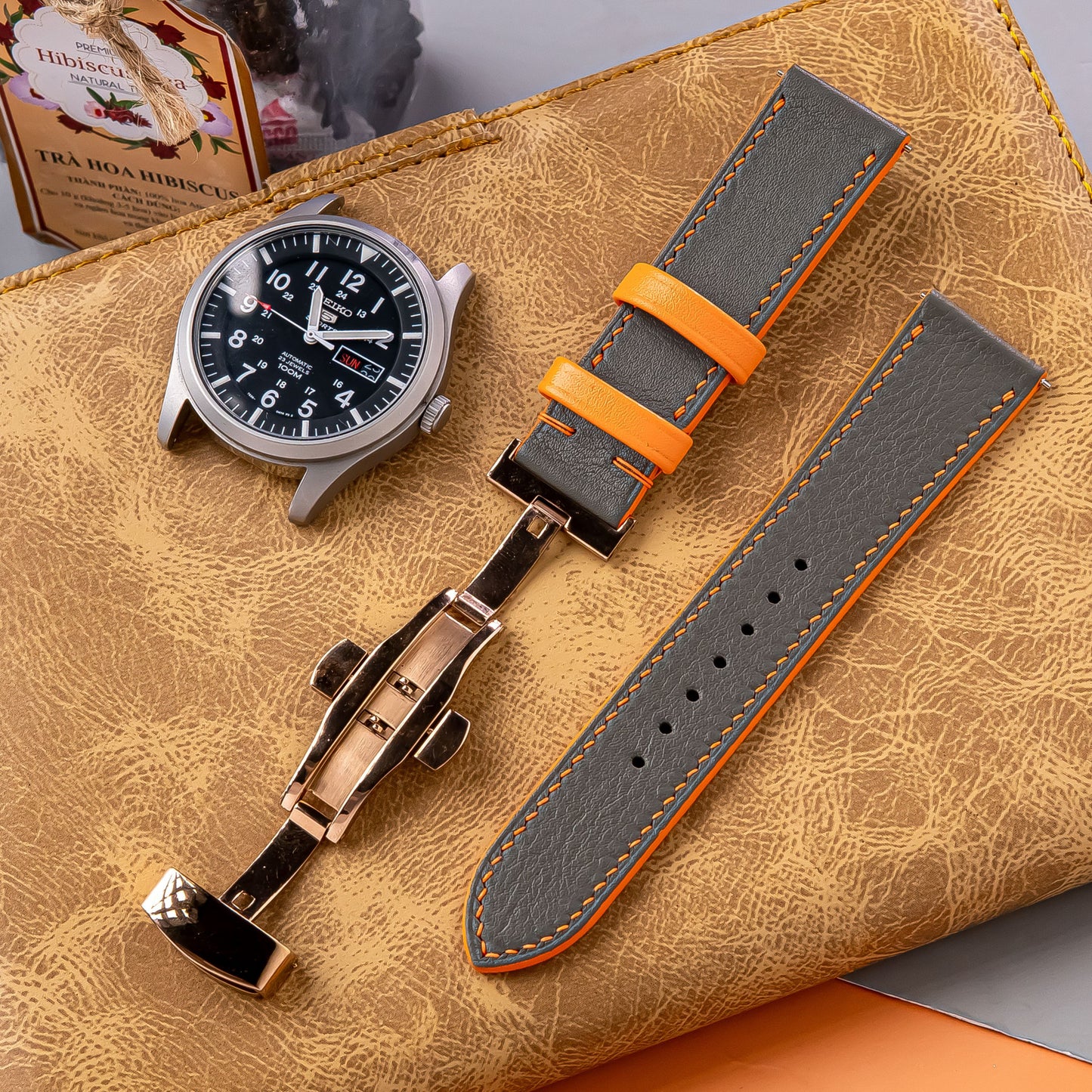 Handmade Leather watch strap :Gray Swift Calfskin Strap ,deployant clasp