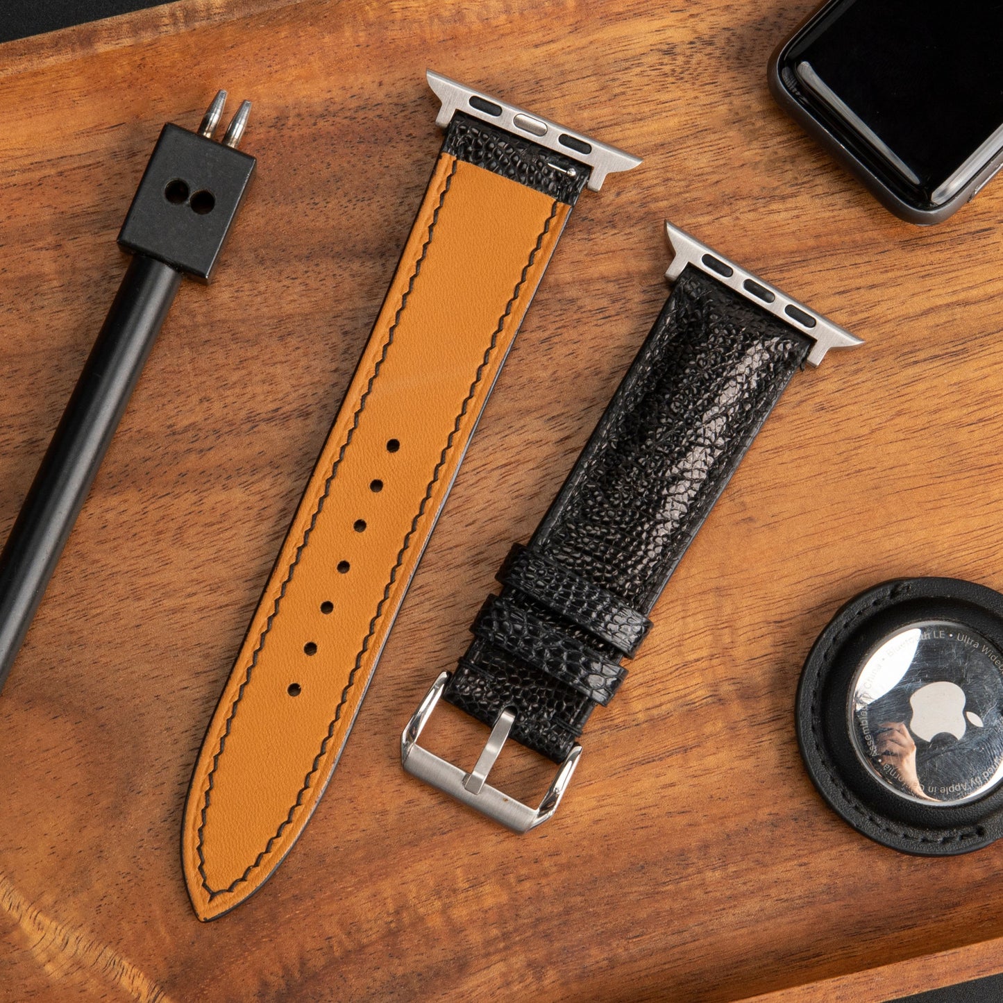 Black And Brown Ostrich Leather Watch Strap: Quick Release For Apple Watch Band
