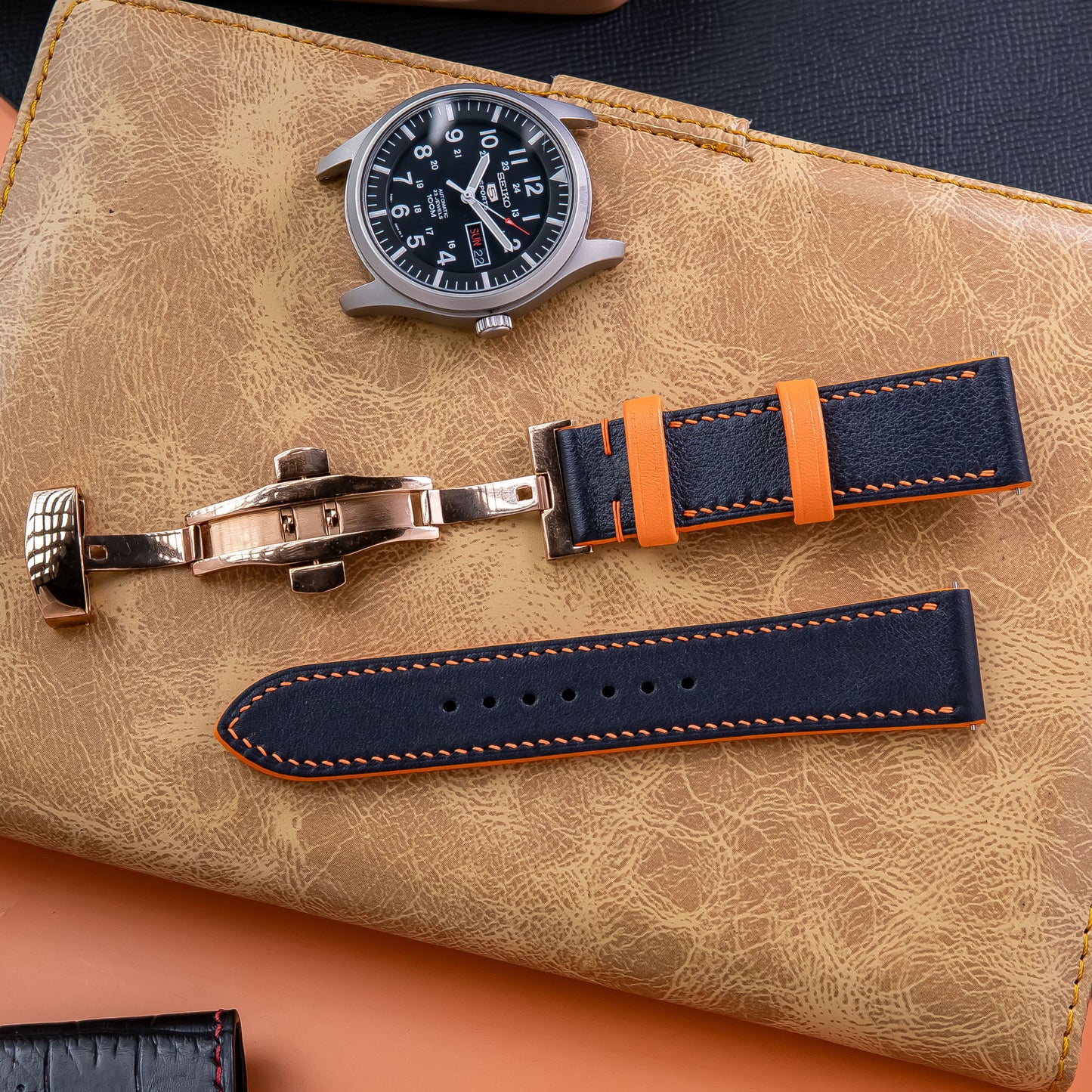 Handmade Leather watch strap :Black Swift Calfskin Strap ,deployant clasp