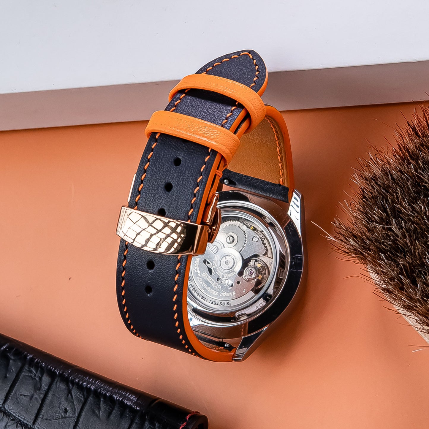 Handmade Leather watch strap :Black Swift Calfskin Strap ,deployant clasp