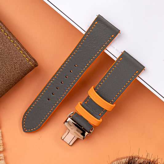 Handmade Leather watch strap :Gray Swift Calfskin Strap ,deployant clasp