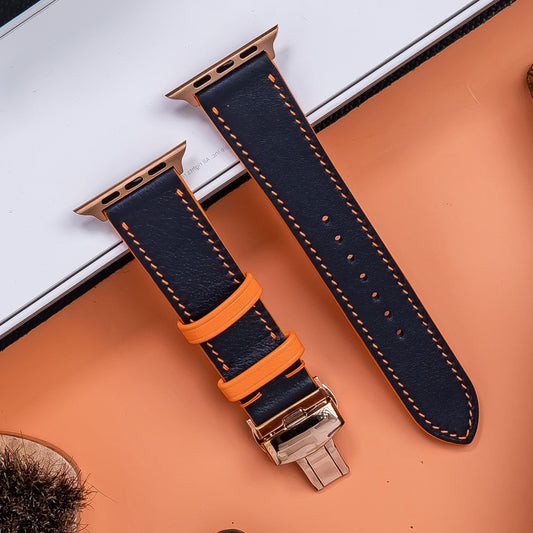 Handmade Leather Apple  Watch Band. Swift Calfskin Strap Deployant clasp