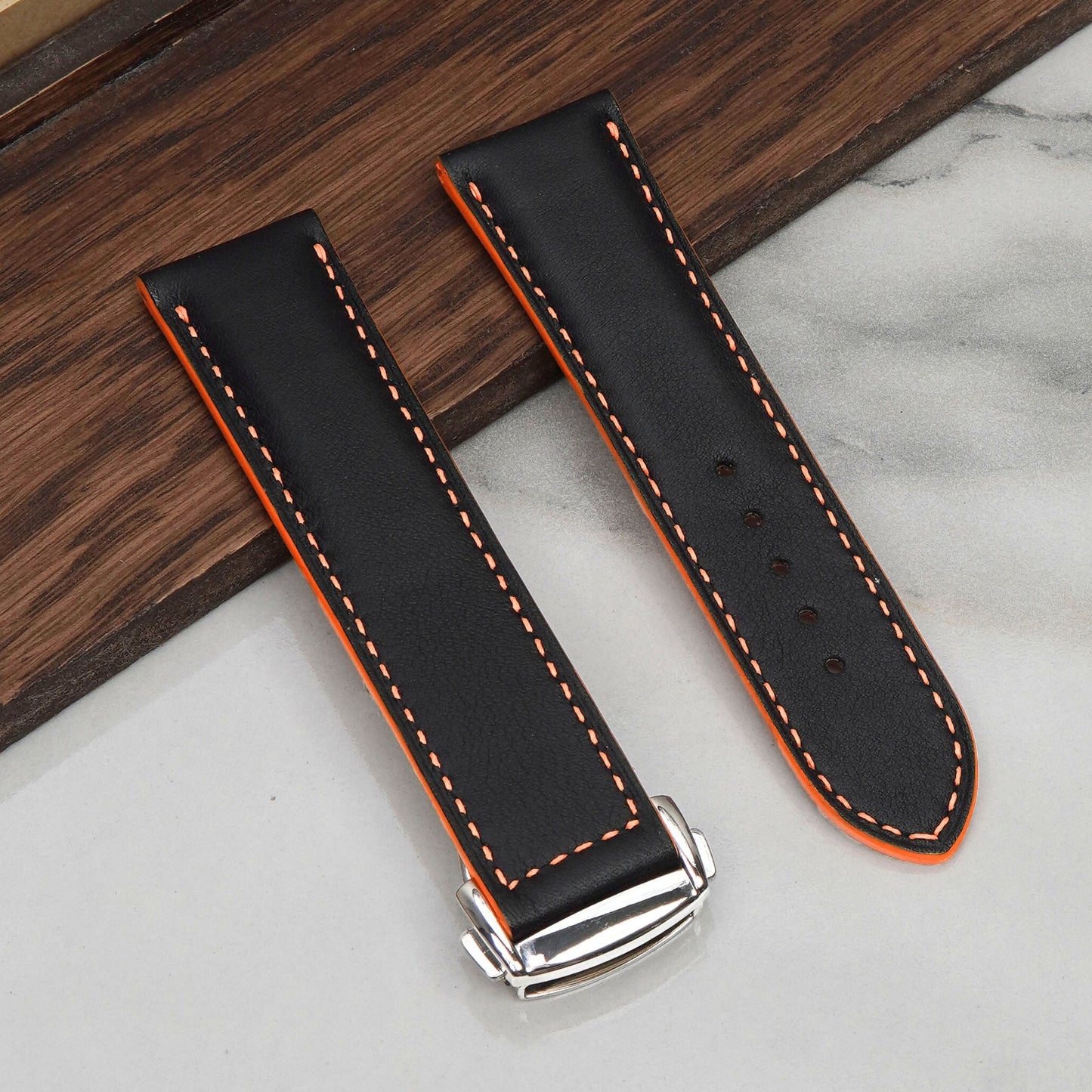 Handmade Black and Orang Swift Leather Apple Watch Band: Veg Tan, Classic Style
