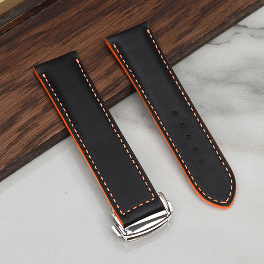 Handmade Black $ Orange Swift Leather Watch Strap, Omega