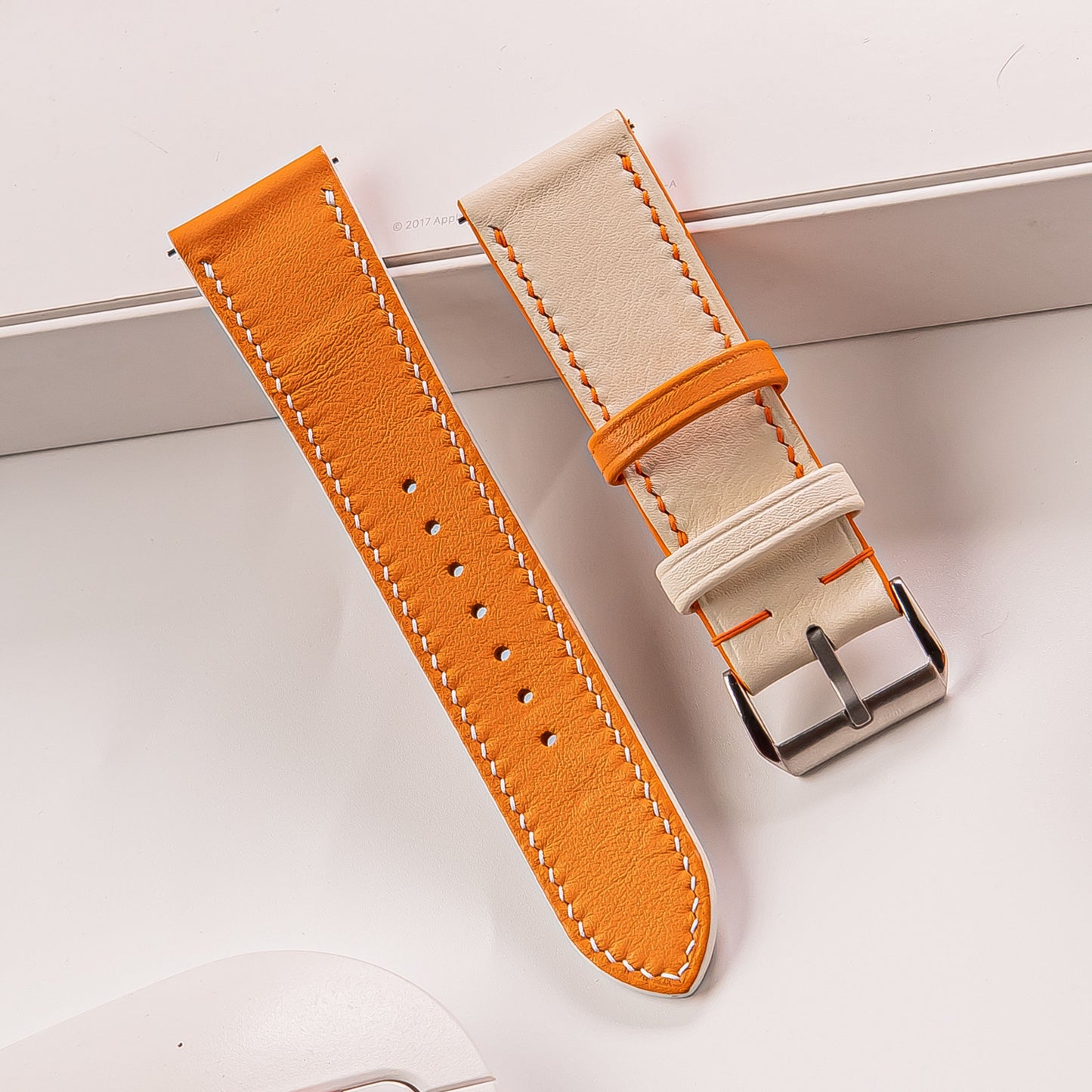 Handmade Leather watch strap : Swift Orange And White Calfskin Strap
