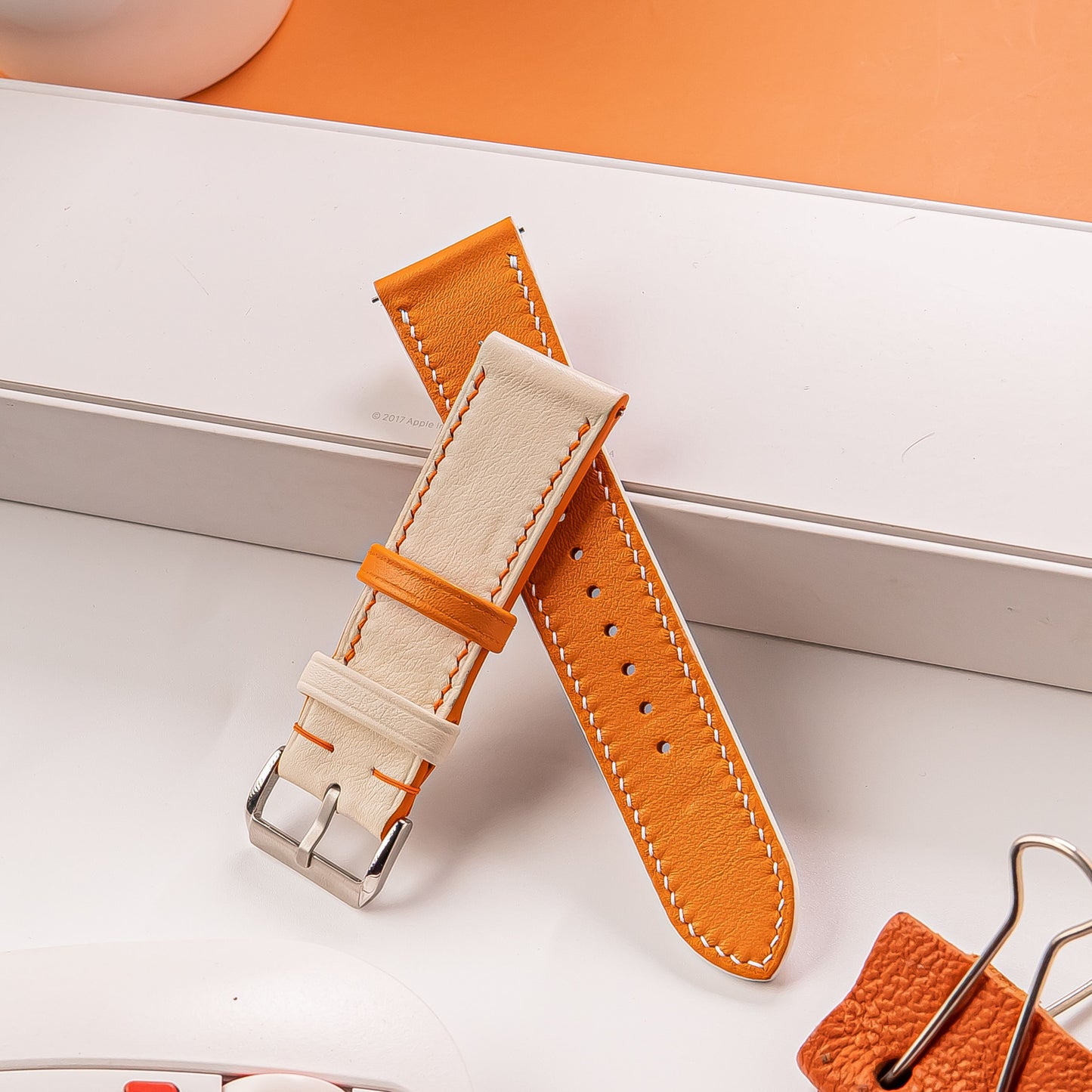 Handmade Leather Apple  Watch Band. Swift Orang and White Calfskin Strap