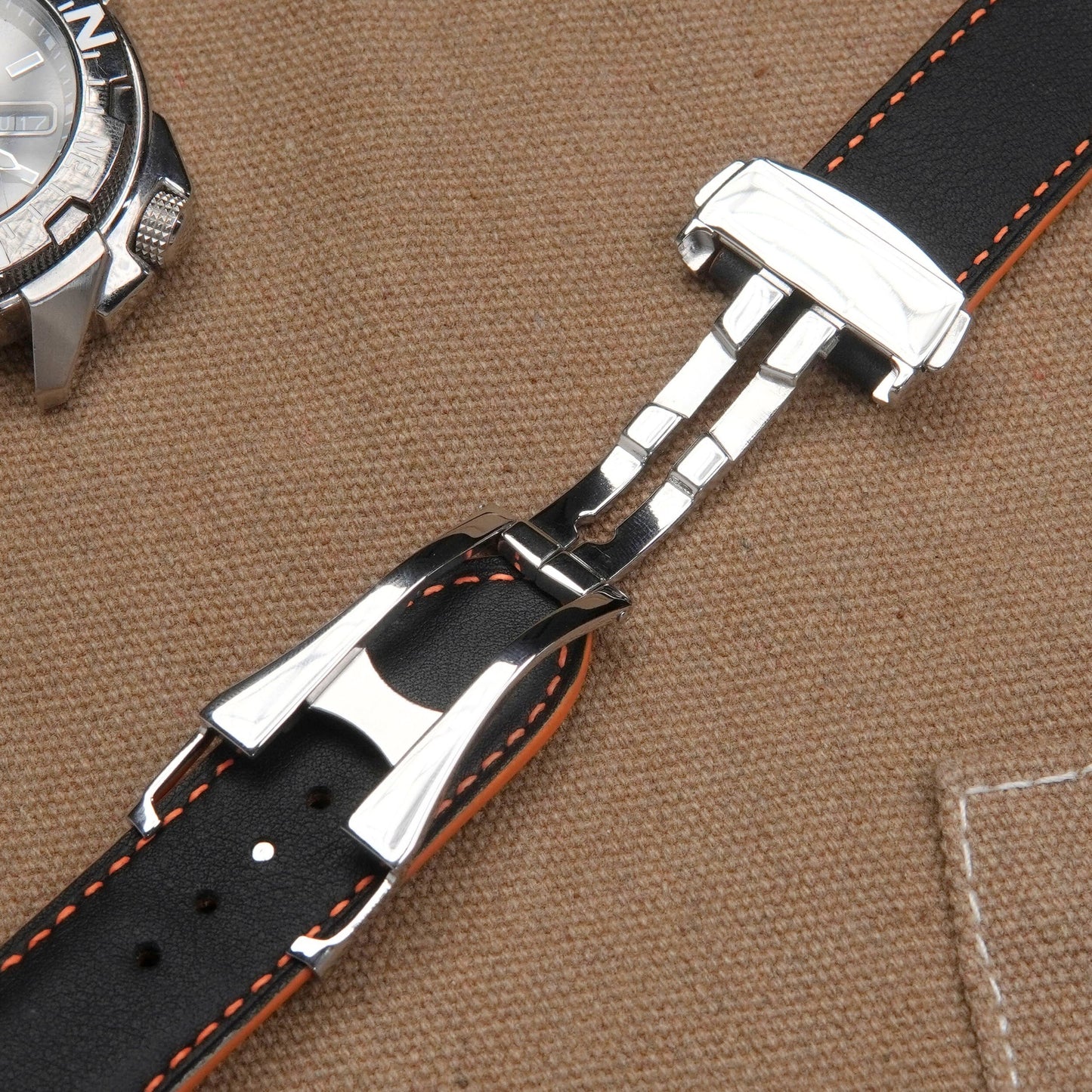 Handmade Black and Orang Swift Leather Apple Watch Band: Veg Tan, Classic Style