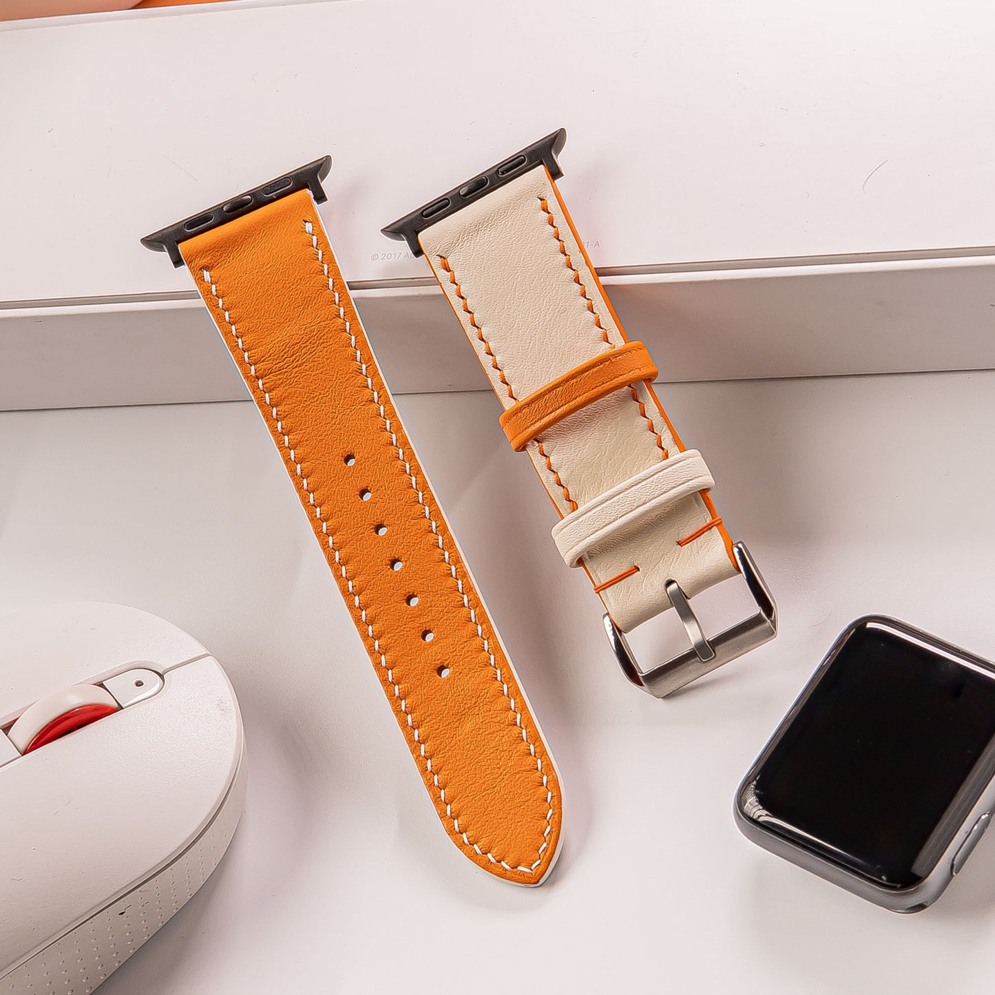 Handmade Leather Apple  Watch Band. Swift Orang and White Calfskin Strap