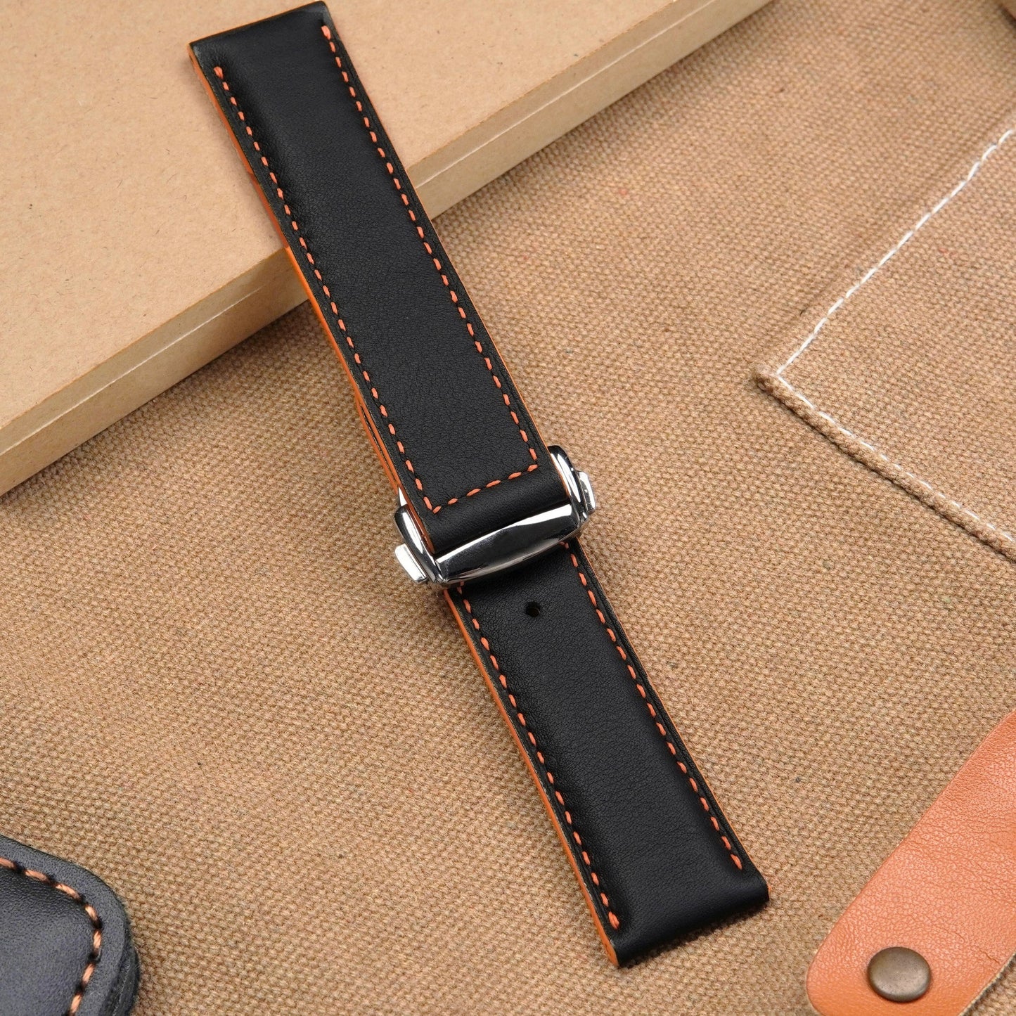 Handmade Black and Orang Swift Leather Apple Watch Band: Veg Tan, Classic Style