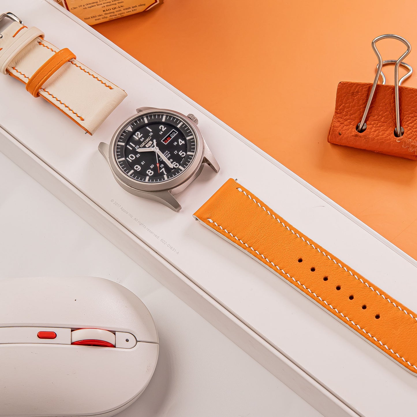 Handmade Leather watch strap : Swift Orange And White Calfskin Strap