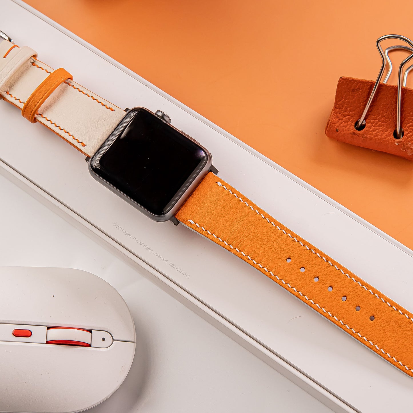 Handmade Leather Apple  Watch Band. Swift Orang and White Calfskin Strap