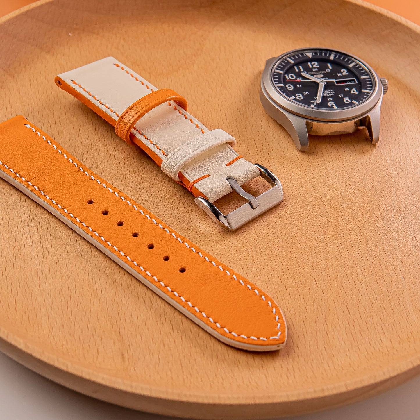 Handmade Leather watch strap : Swift Orange And White Calfskin Strap