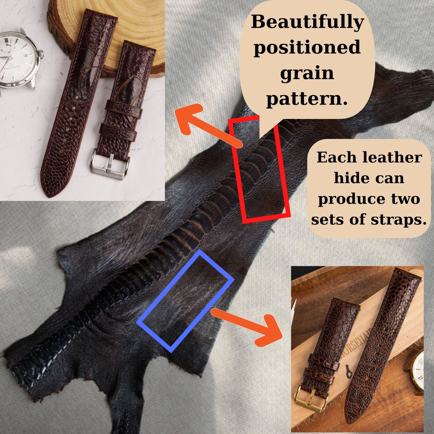 Black And Brown Ostrich Leather Watch Strap: Quick Release,Beautiful grain