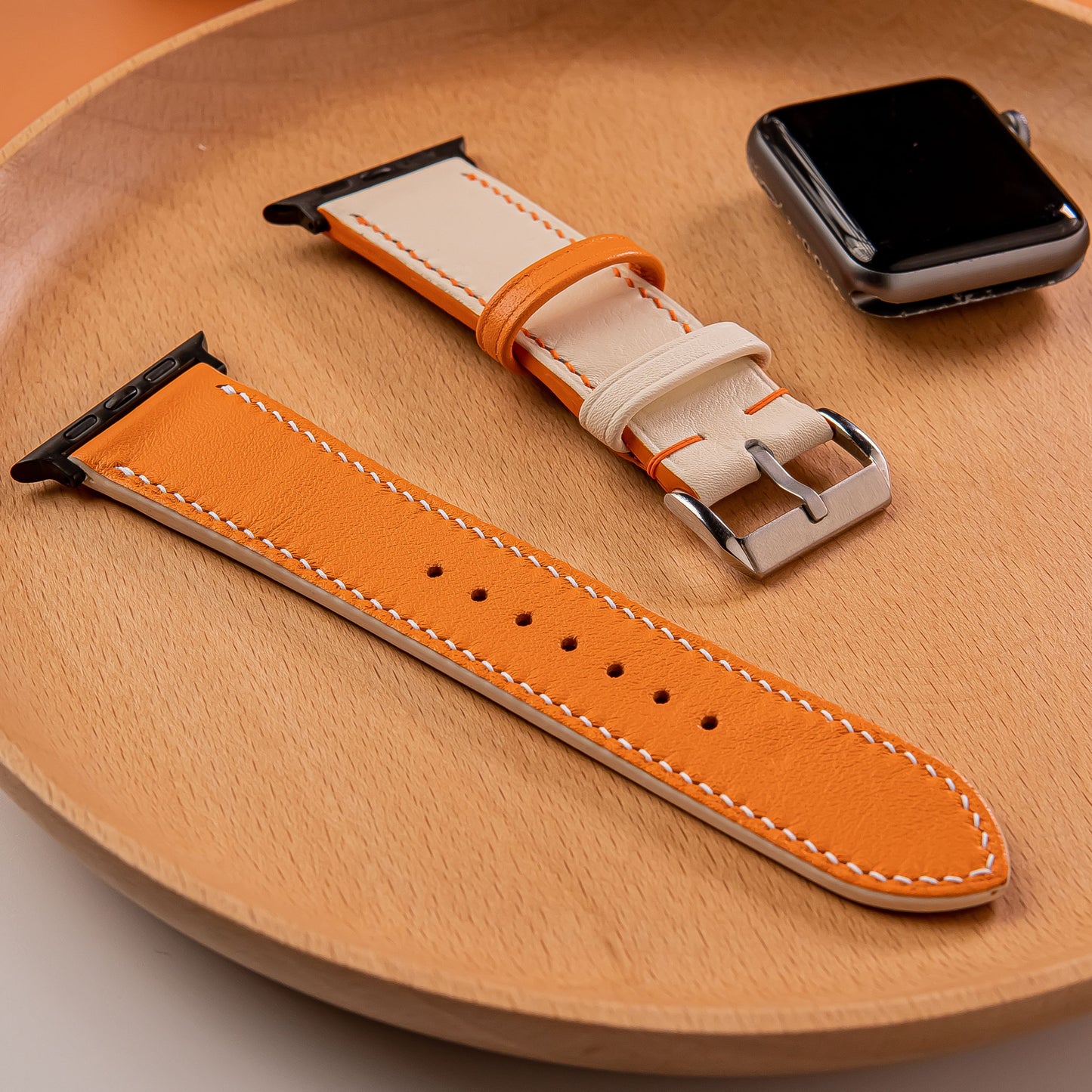 Handmade Leather Apple  Watch Band. Swift Orang and White Calfskin Strap