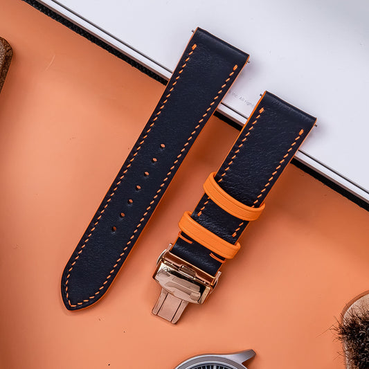 Handmade Leather watch strap :Black Swift Calfskin Strap ,deployant clasp