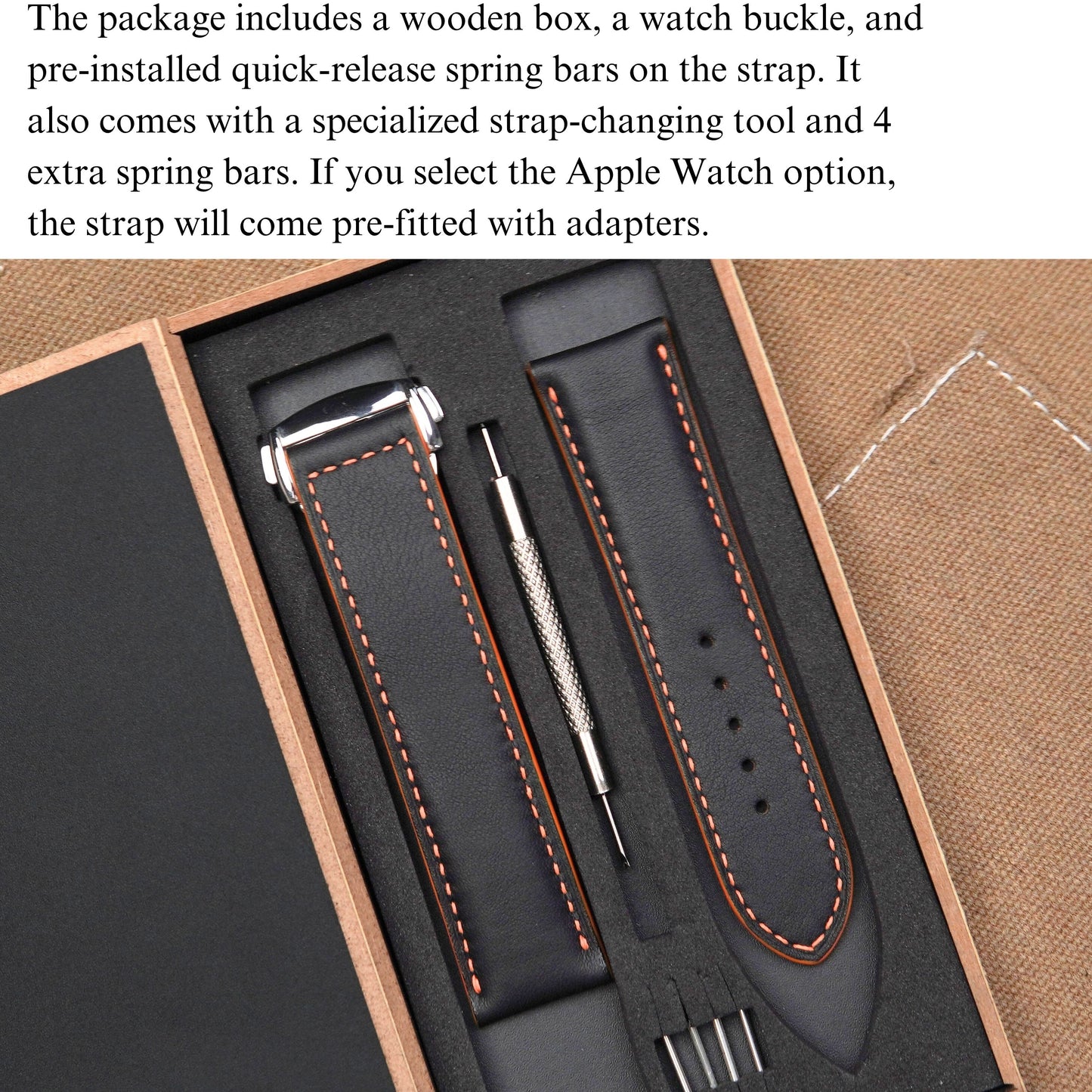 Handmade Black and Orang Swift Leather Apple Watch Band: Veg Tan, Classic Style