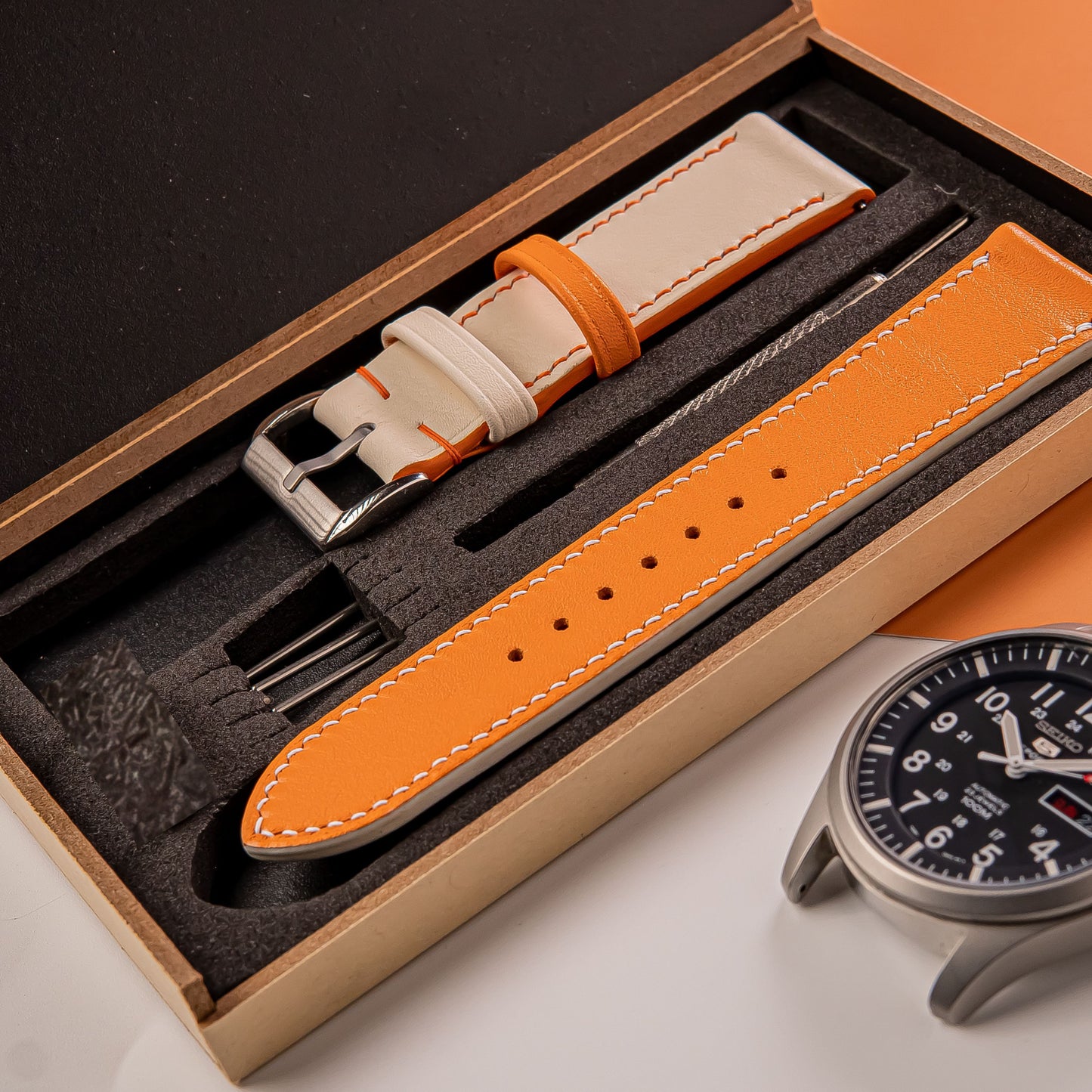 Handmade Leather watch strap : Swift Orange And White Calfskin Strap