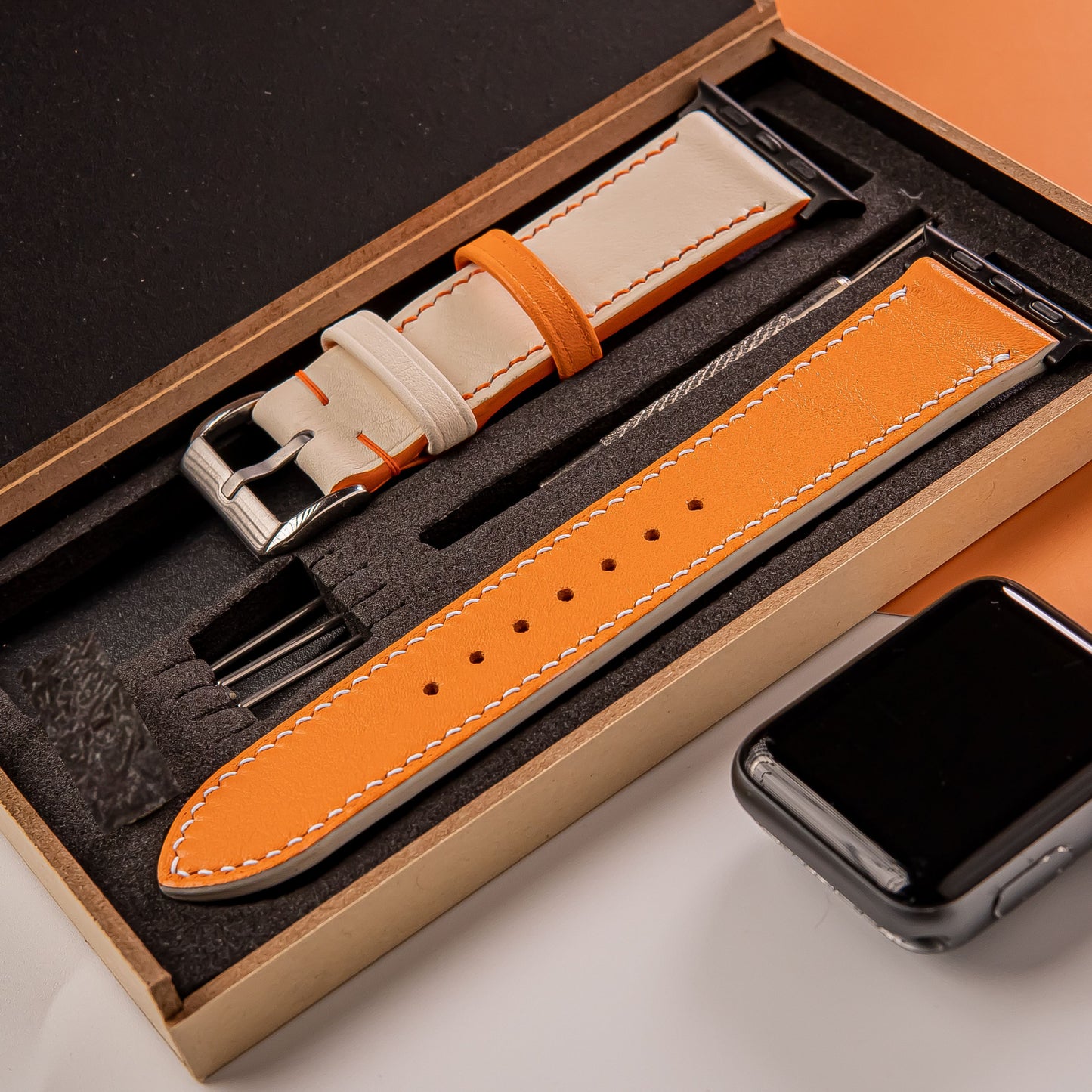 Handmade Leather Apple  Watch Band. Swift Orang and White Calfskin Strap